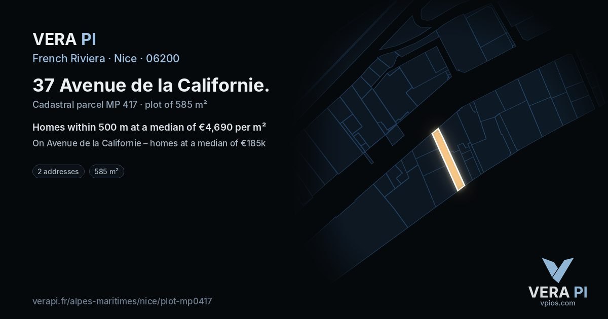 37 Avenue de la Californie, Nice at night – the plot lit, the parcels around coloured by the prices near them