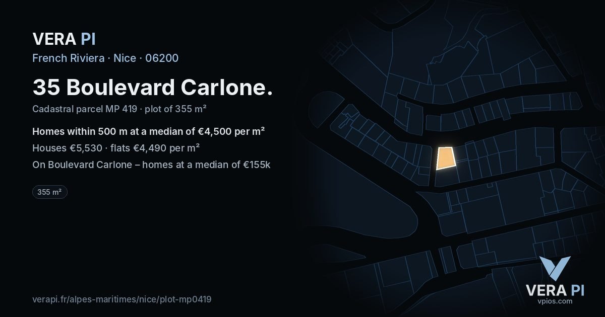 35 Boulevard Carlone, Nice at night – the plot lit, the parcels around coloured by the prices near them