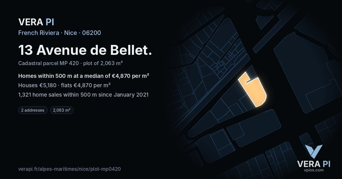 13 Avenue de Bellet, Nice at night – the plot lit, the parcels around coloured by the prices near them