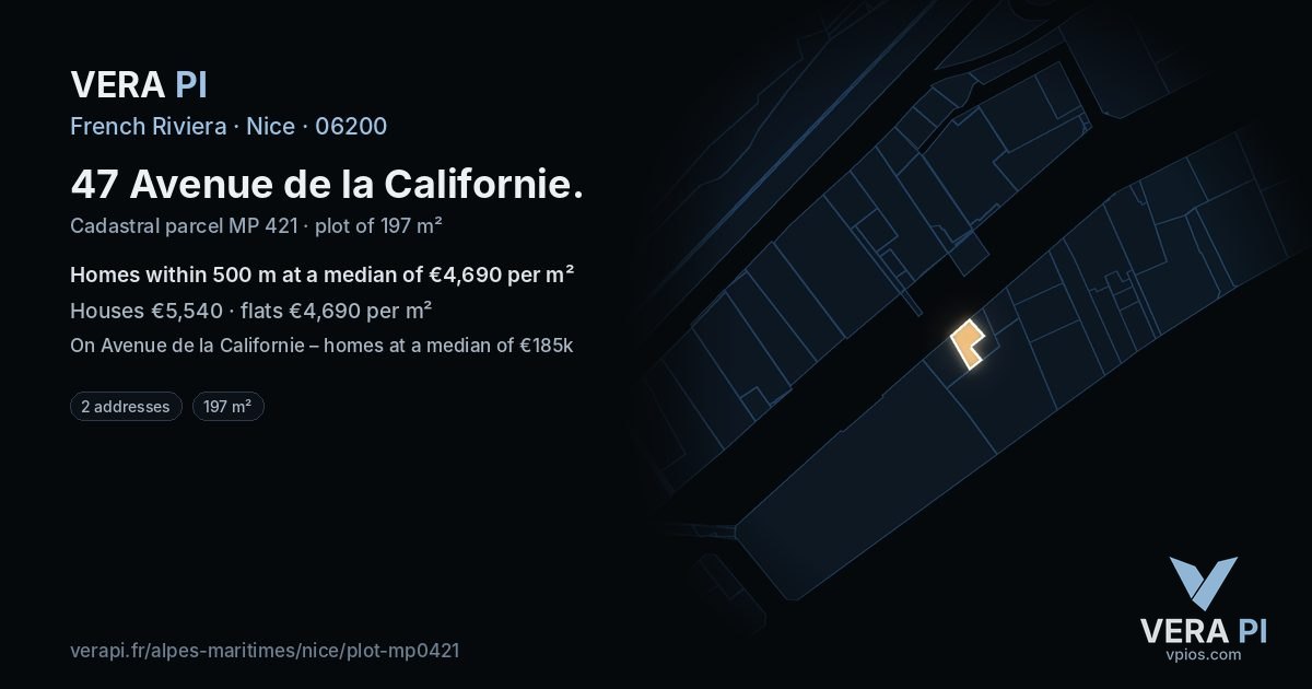 47 Avenue de la Californie, Nice at night – the plot lit, the parcels around coloured by the prices near them