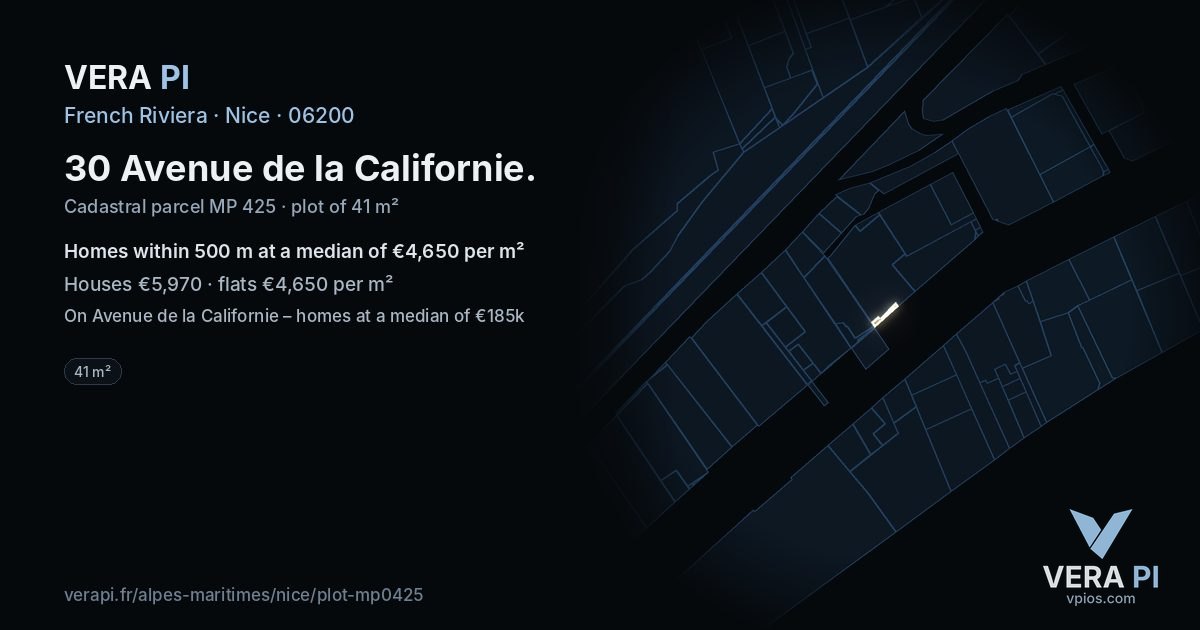 30 Avenue de la Californie, Nice at night – the plot lit, the parcels around coloured by the prices near them