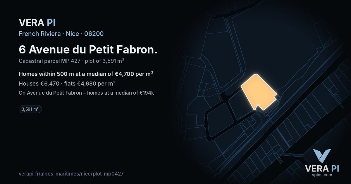 6 Avenue du Petit Fabron, Nice at night – the plot lit, the parcels around coloured by the prices near them
