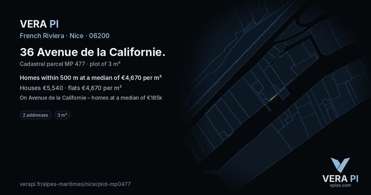 36 Avenue de la Californie, Nice at night – the plot lit, the parcels around coloured by the prices near them