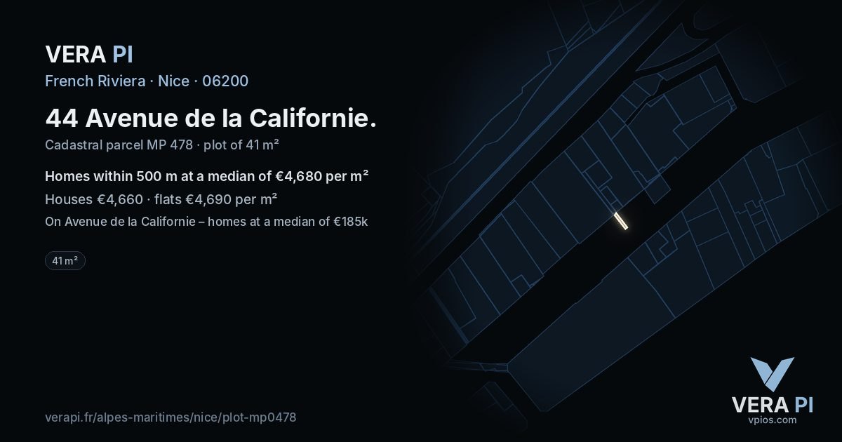 44 Avenue de la Californie, Nice at night – the plot lit, the parcels around coloured by the prices near them