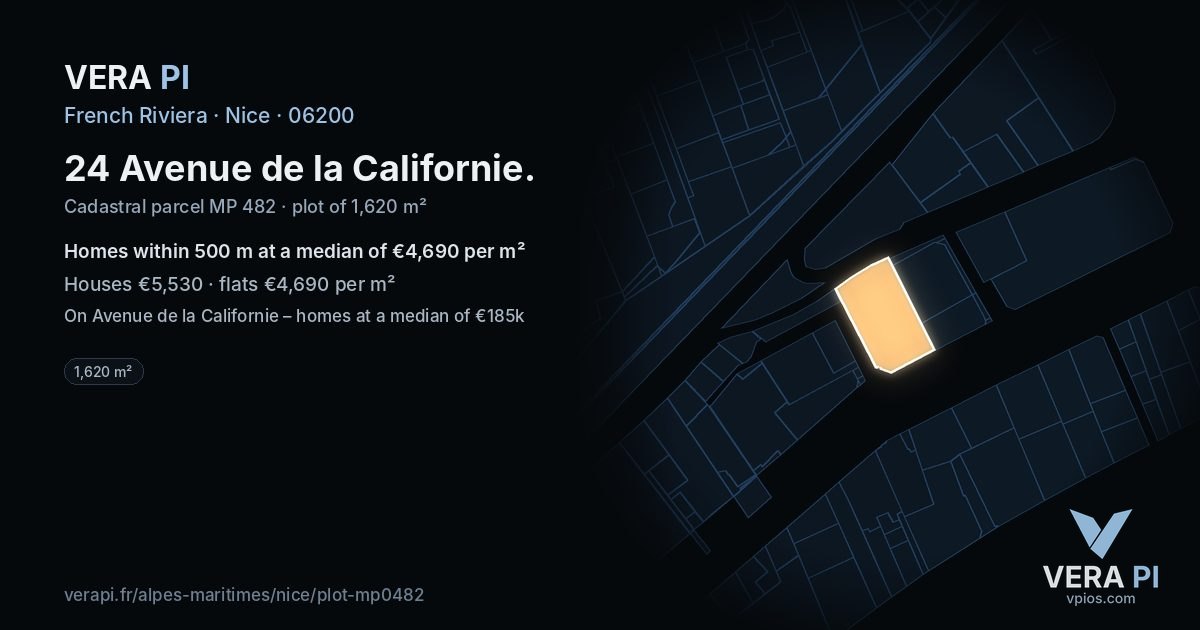 24 Avenue de la Californie, Nice at night – the plot lit, the parcels around coloured by the prices near them