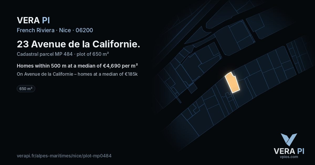 23 Avenue de la Californie, Nice at night – the plot lit, the parcels around coloured by the prices near them