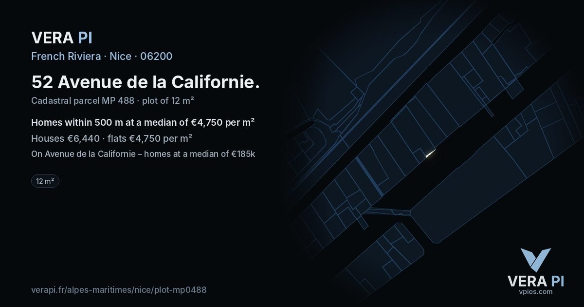 52 Avenue de la Californie, Nice at night – the plot lit, the parcels around coloured by the prices near them