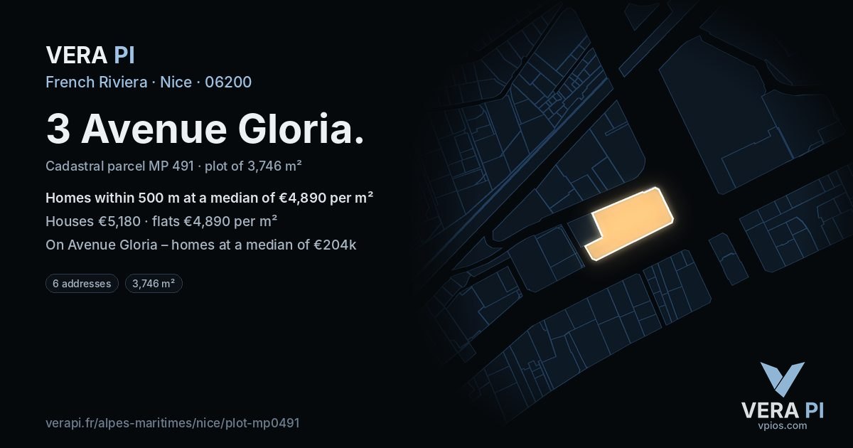 3 Avenue Gloria, Nice at night – the plot lit, the parcels around coloured by the prices near them