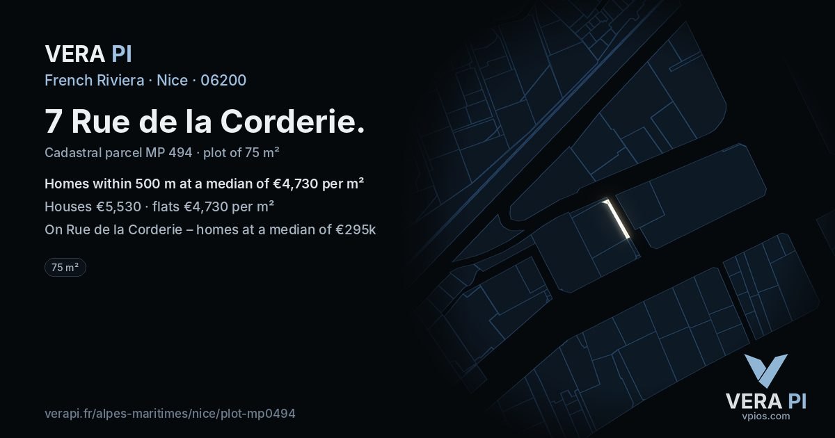 7 Rue de la Corderie, Nice at night – the plot lit, the parcels around coloured by the prices near them