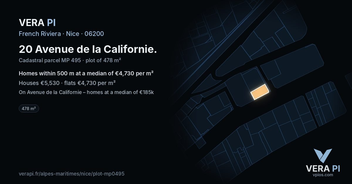 20 Avenue de la Californie, Nice at night – the plot lit, the parcels around coloured by the prices near them
