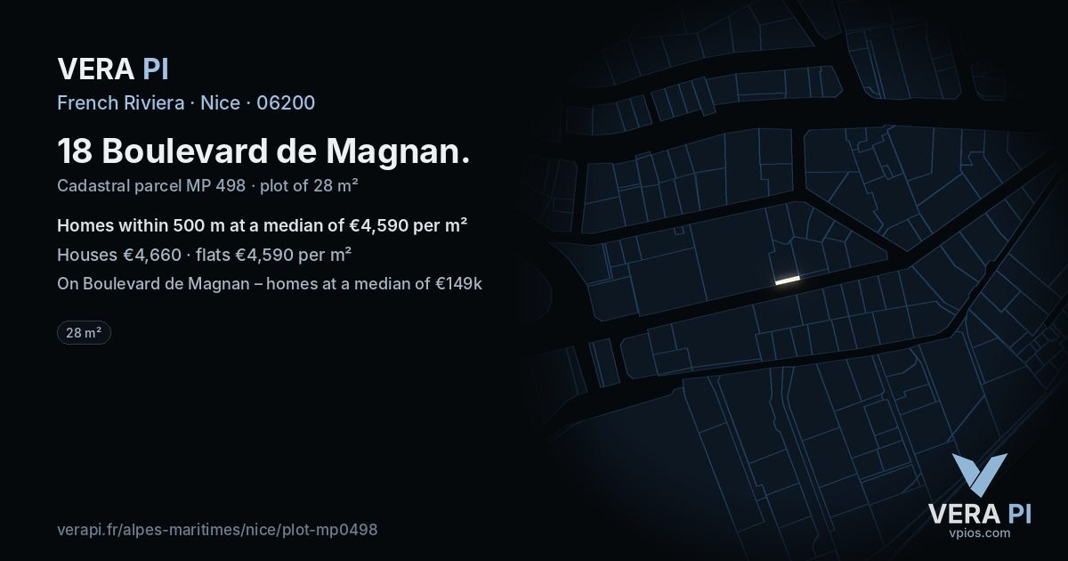 18 Boulevard de Magnan, Nice at night – the plot lit, the parcels around coloured by the prices near them