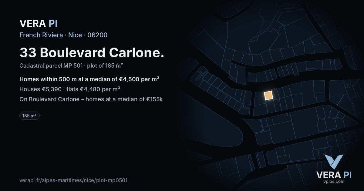 33 Boulevard Carlone, Nice at night – the plot lit, the parcels around coloured by the prices near them