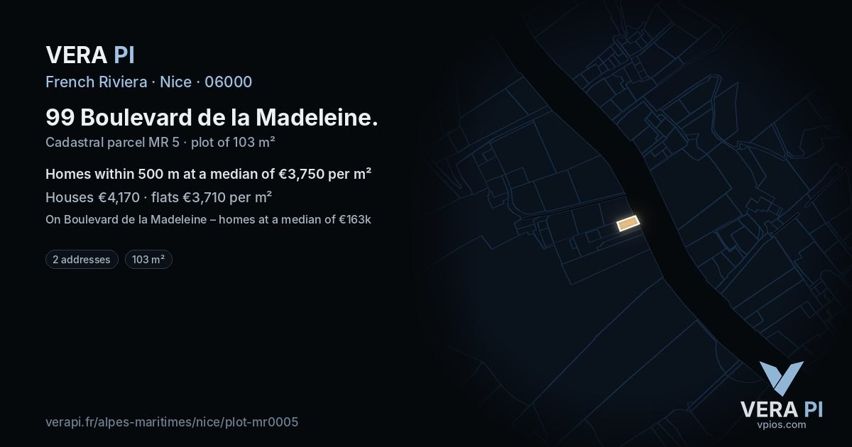 99 Boulevard de la Madeleine, Nice at night – the plot lit, the parcels around coloured by the prices near them
