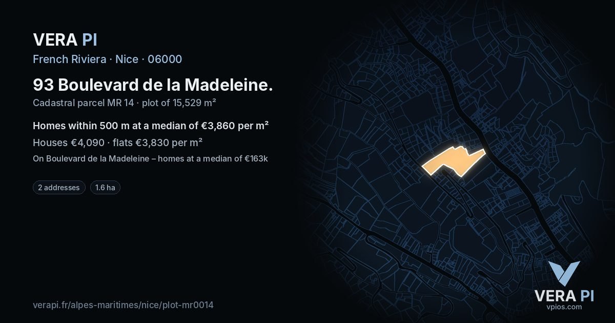 93 Boulevard de la Madeleine, Nice at night – the plot lit, the parcels around coloured by the prices near them