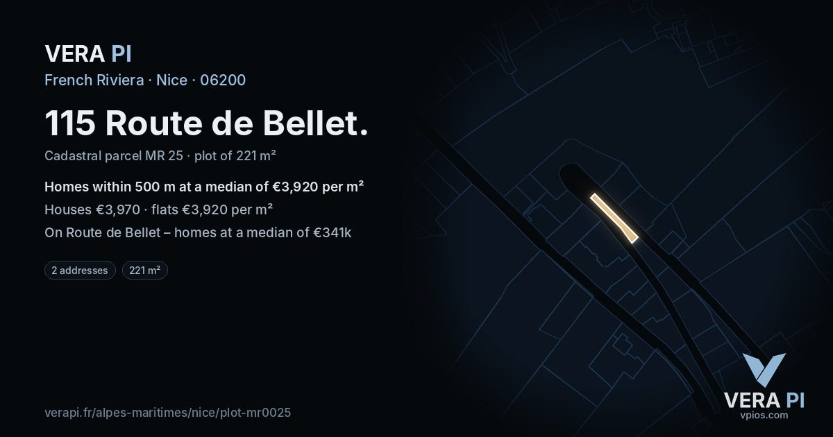 115 Route de Bellet, Nice at night – the plot lit, the parcels around coloured by the prices near them