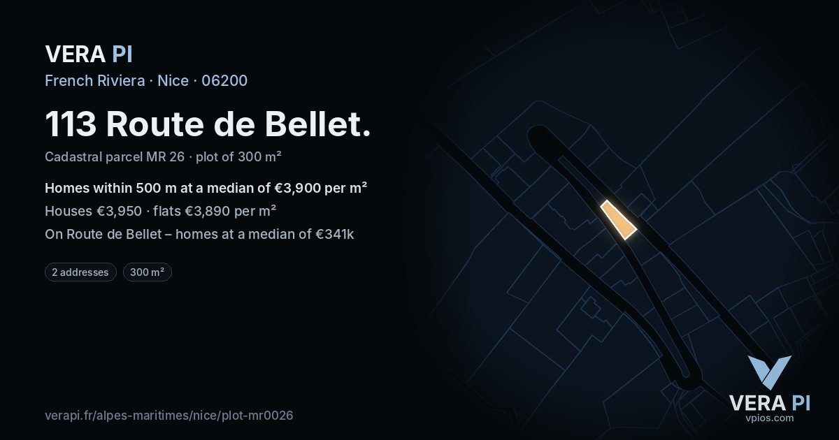 113 Route de Bellet, Nice at night – the plot lit, the parcels around coloured by the prices near them