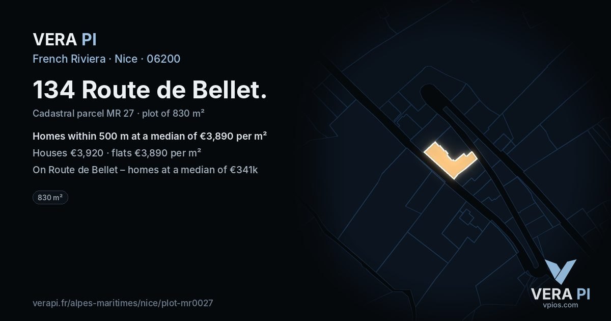 134 Route de Bellet, Nice at night – the plot lit, the parcels around coloured by the prices near them