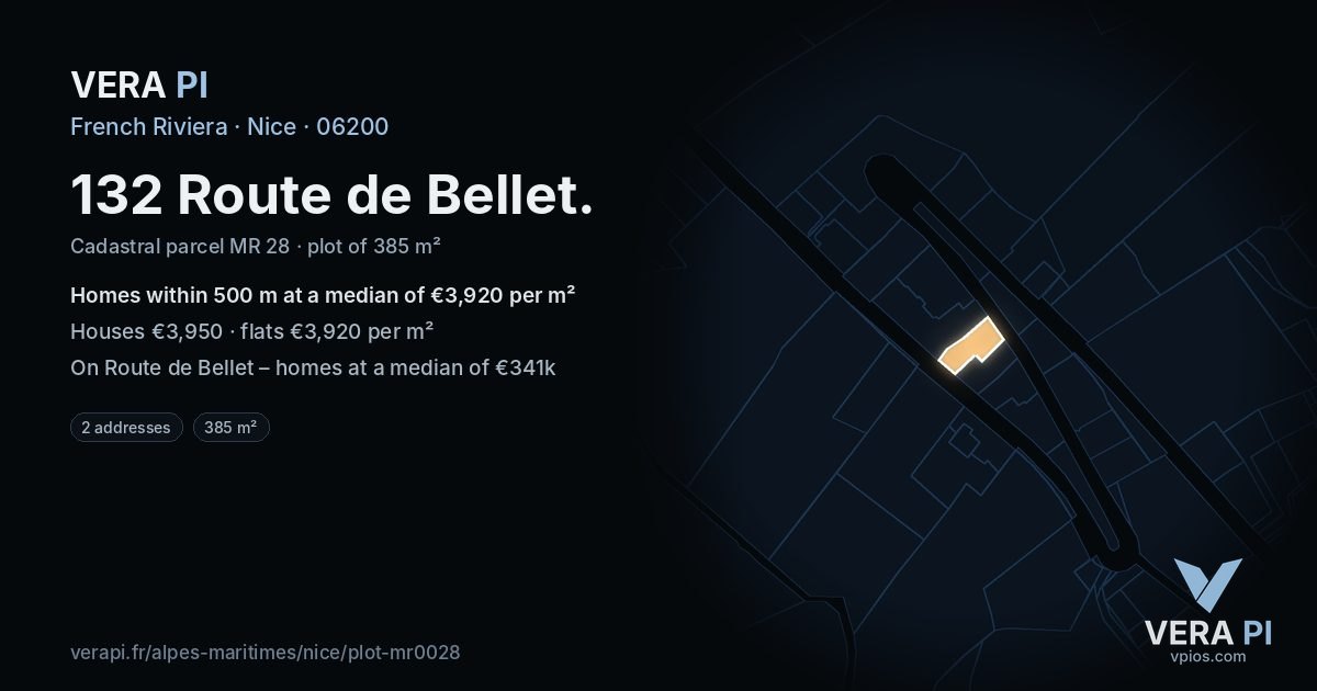 132 Route de Bellet, Nice at night – the plot lit, the parcels around coloured by the prices near them