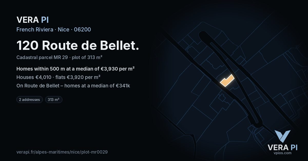 120 Route de Bellet, Nice at night – the plot lit, the parcels around coloured by the prices near them