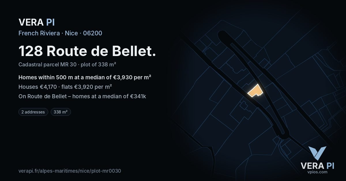 128 Route de Bellet, Nice at night – the plot lit, the parcels around coloured by the prices near them