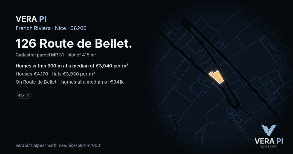 126 Route de Bellet, Nice at night – the plot lit, the parcels around coloured by the prices near them