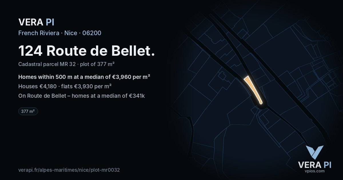 124 Route de Bellet, Nice at night – the plot lit, the parcels around coloured by the prices near them