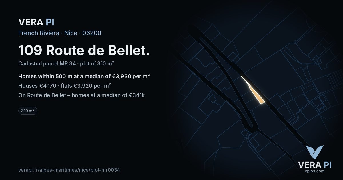 109 Route de Bellet, Nice at night – the plot lit, the parcels around coloured by the prices near them