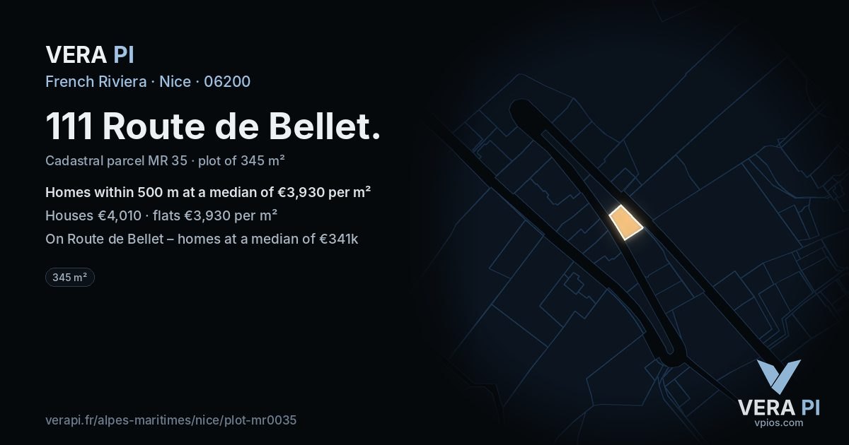 111 Route de Bellet, Nice at night – the plot lit, the parcels around coloured by the prices near them