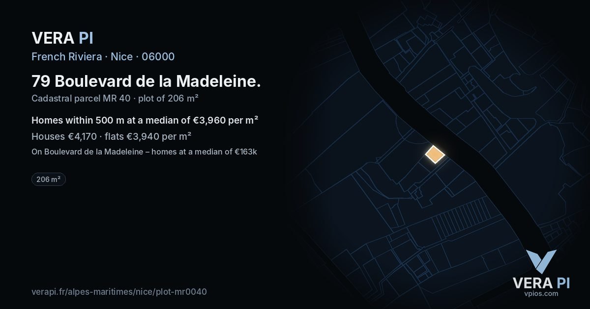 79 Boulevard de la Madeleine, Nice at night – the plot lit, the parcels around coloured by the prices near them
