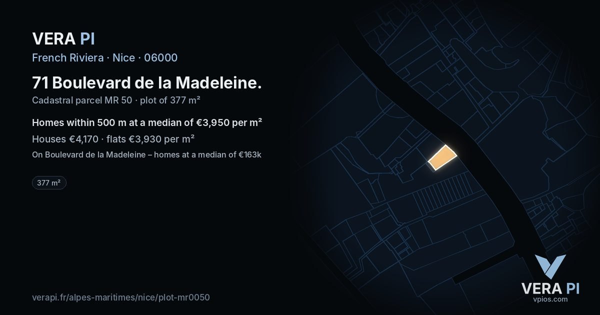 71 Boulevard de la Madeleine, Nice at night – the plot lit, the parcels around coloured by the prices near them