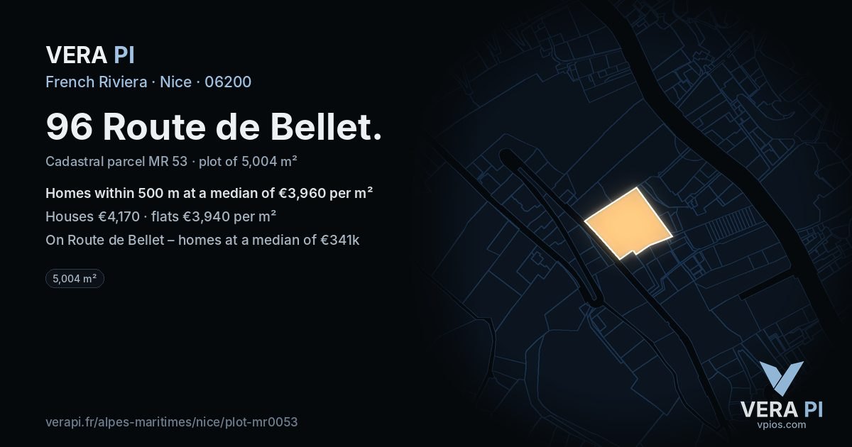 96 Route de Bellet, Nice at night – the plot lit, the parcels around coloured by the prices near them