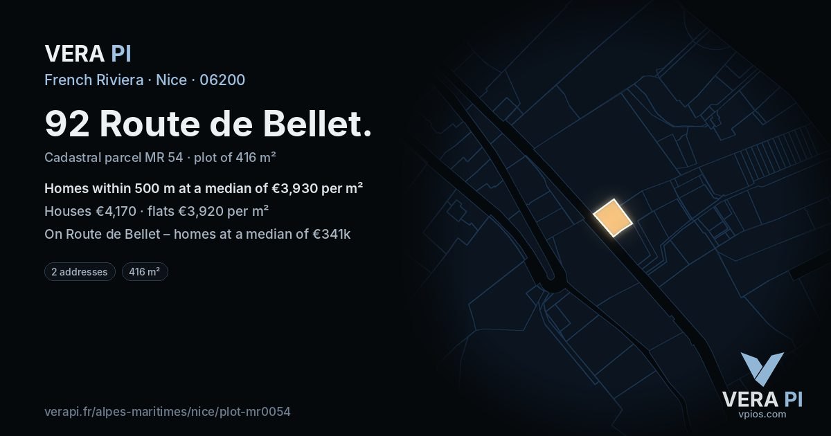 92 Route de Bellet, Nice at night – the plot lit, the parcels around coloured by the prices near them