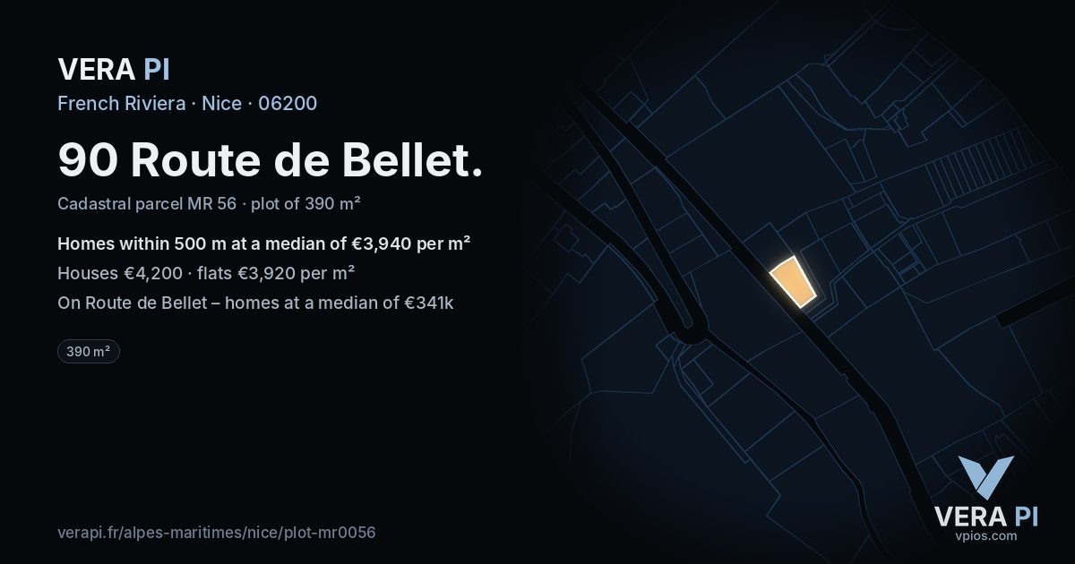 90 Route de Bellet, Nice at night – the plot lit, the parcels around coloured by the prices near them
