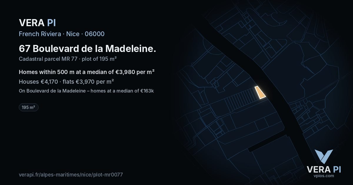 67 Boulevard de la Madeleine, Nice at night – the plot lit, the parcels around coloured by the prices near them