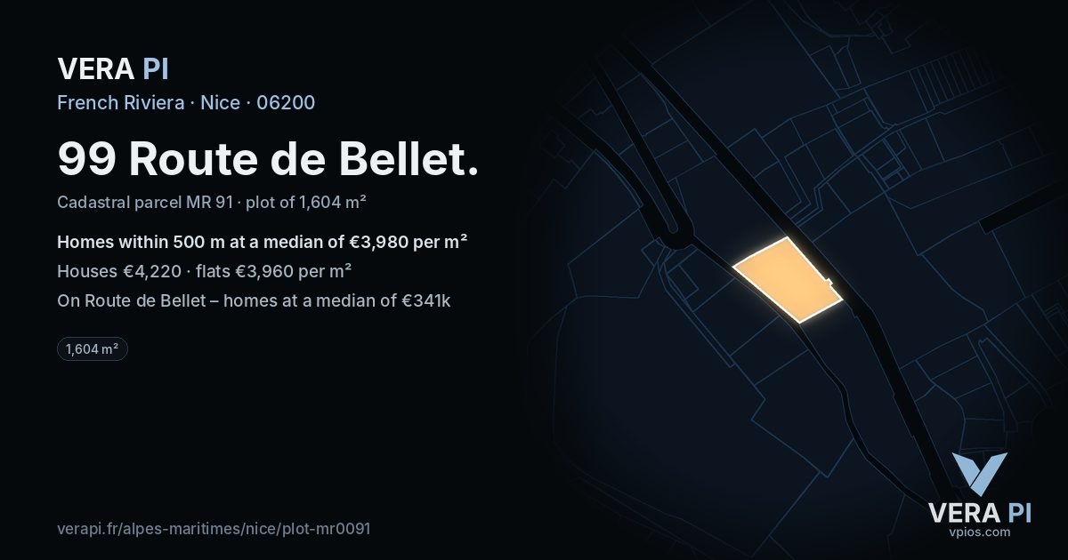 99 Route de Bellet, Nice at night – the plot lit, the parcels around coloured by the prices near them