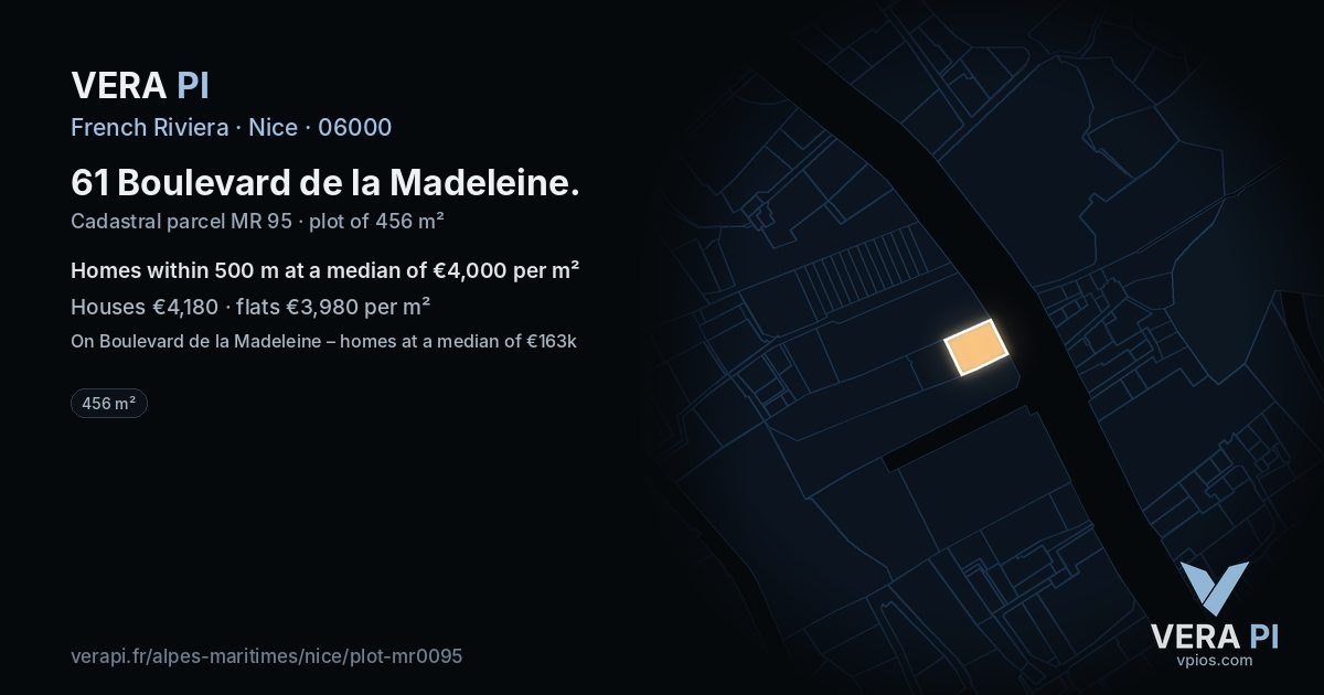 61 Boulevard de la Madeleine, Nice at night – the plot lit, the parcels around coloured by the prices near them