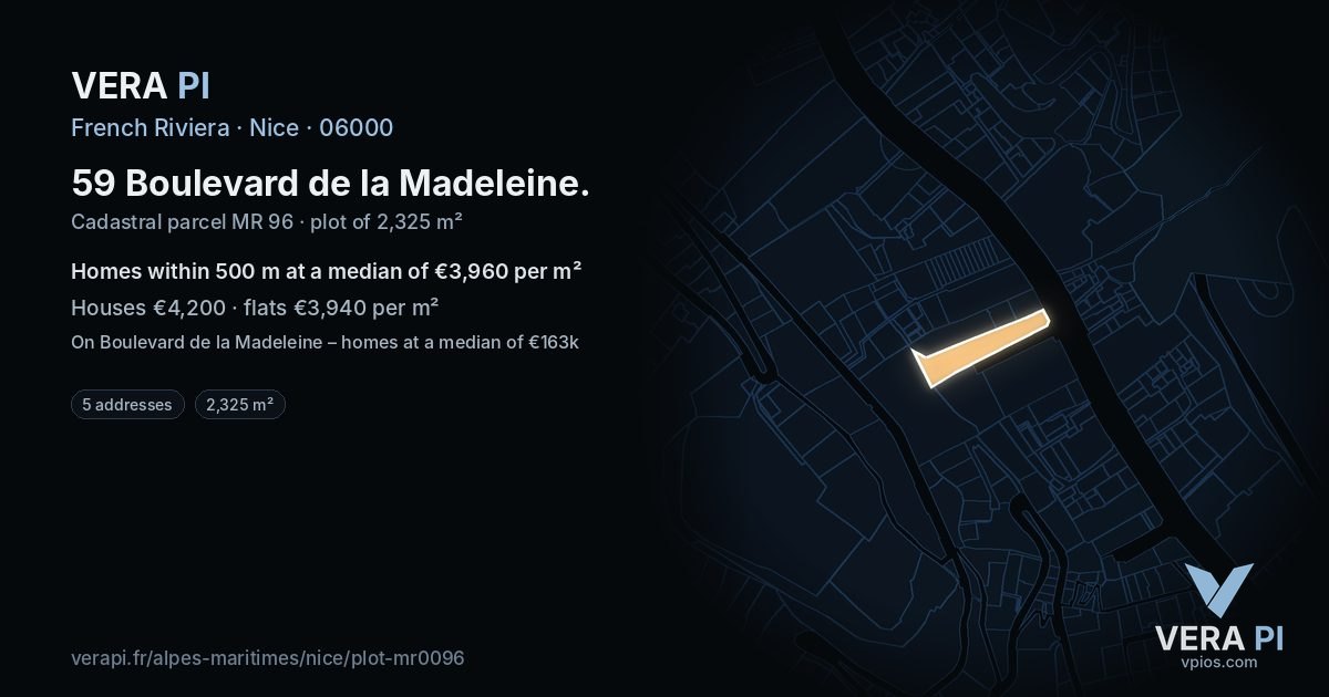 59 Boulevard de la Madeleine, Nice at night – the plot lit, the parcels around coloured by the prices near them