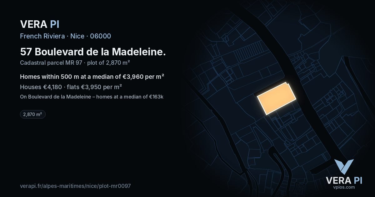 57 Boulevard de la Madeleine, Nice at night – the plot lit, the parcels around coloured by the prices near them