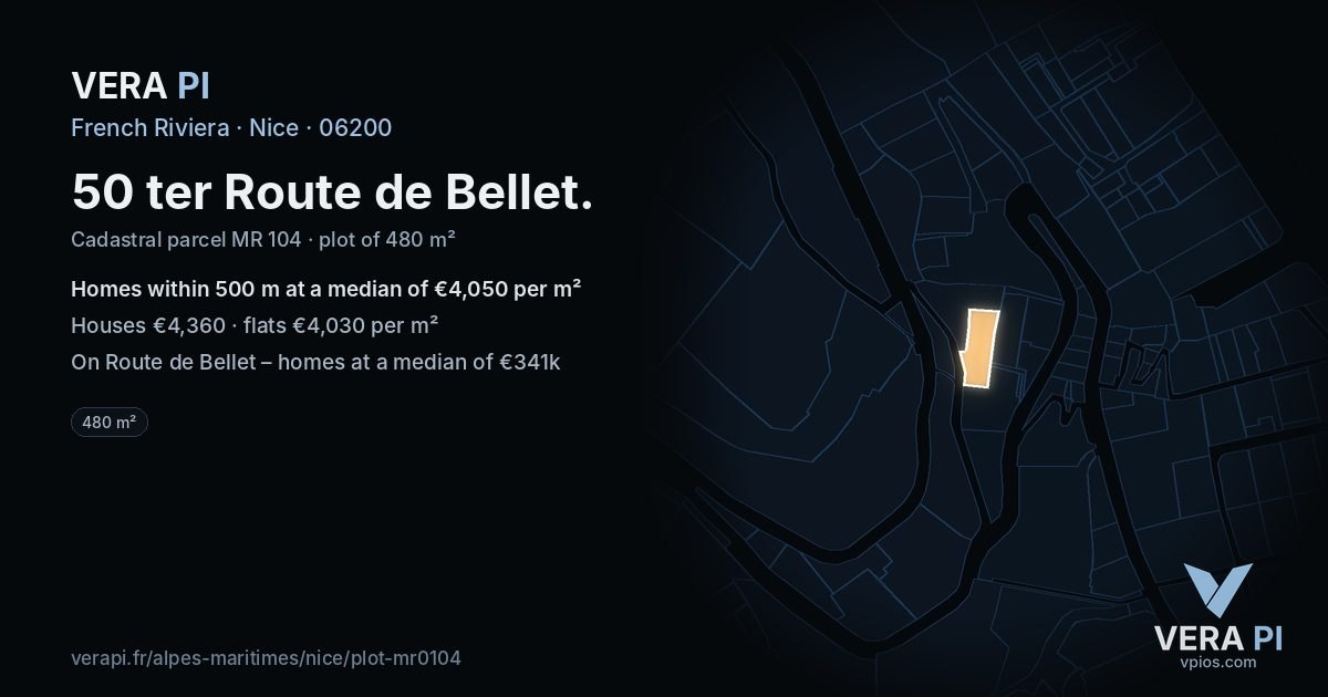 50 ter Route de Bellet, Nice at night – the plot lit, the parcels around coloured by the prices near them