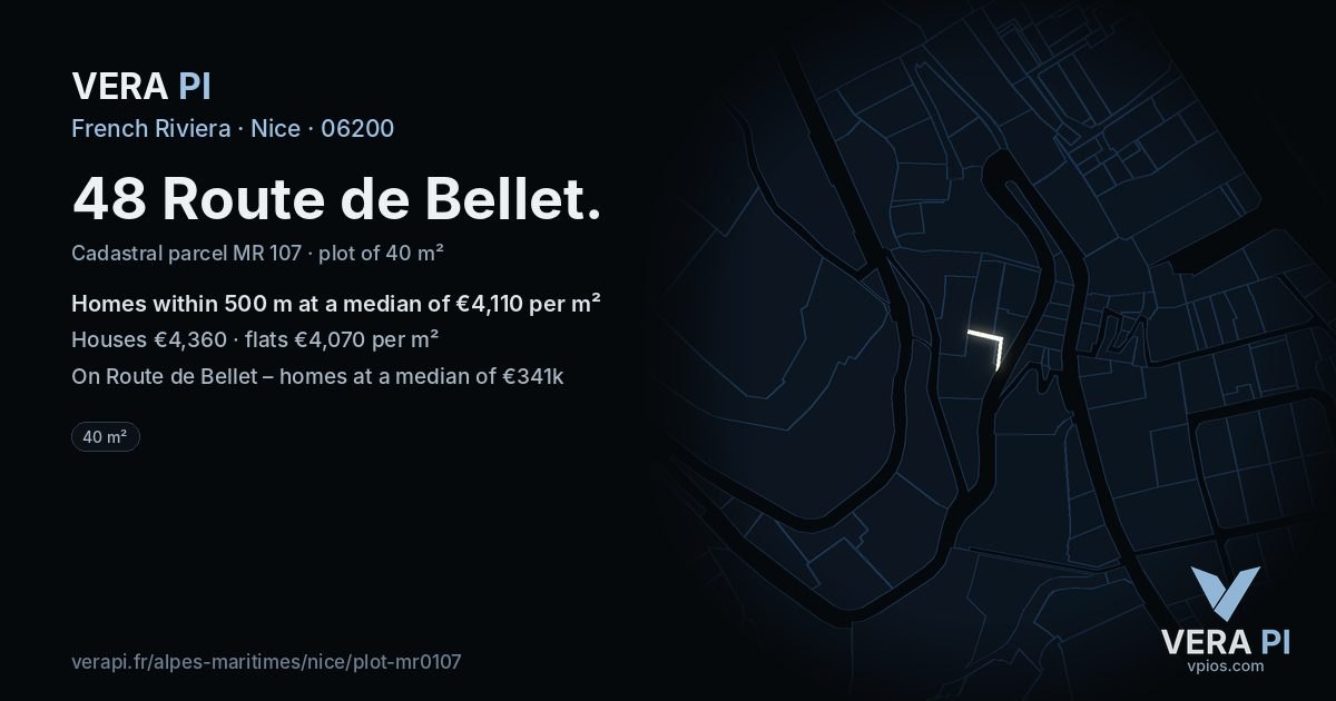 48 Route de Bellet, Nice at night – the plot lit, the parcels around coloured by the prices near them