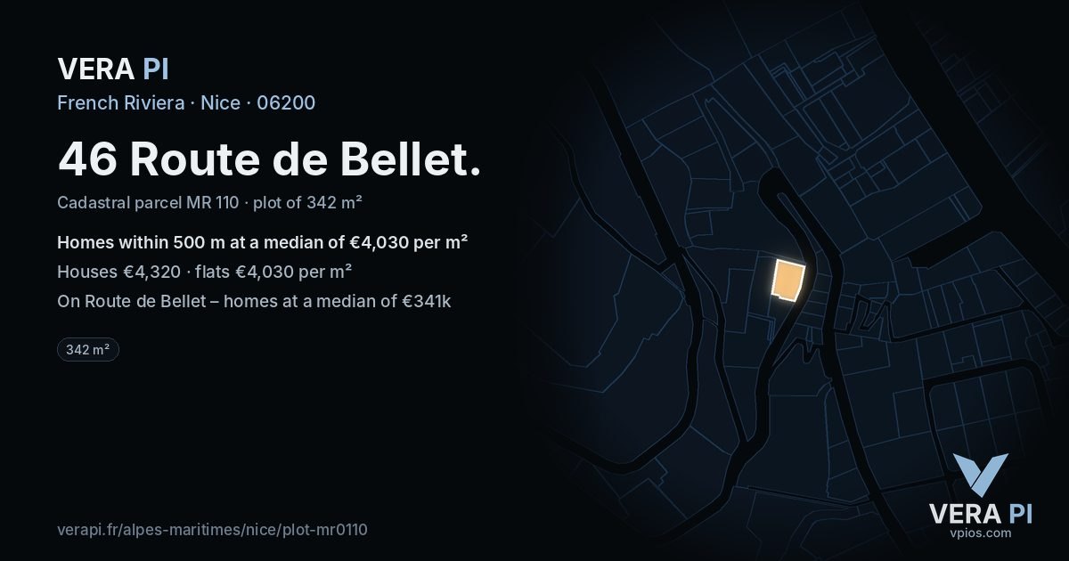 46 Route de Bellet, Nice at night – the plot lit, the parcels around coloured by the prices near them