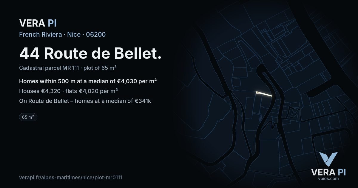 44 Route de Bellet, Nice at night – the plot lit, the parcels around coloured by the prices near them