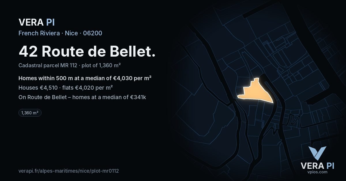 42 Route de Bellet, Nice at night – the plot lit, the parcels around coloured by the prices near them