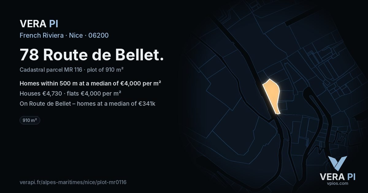 78 Route de Bellet, Nice at night – the plot lit, the parcels around coloured by the prices near them