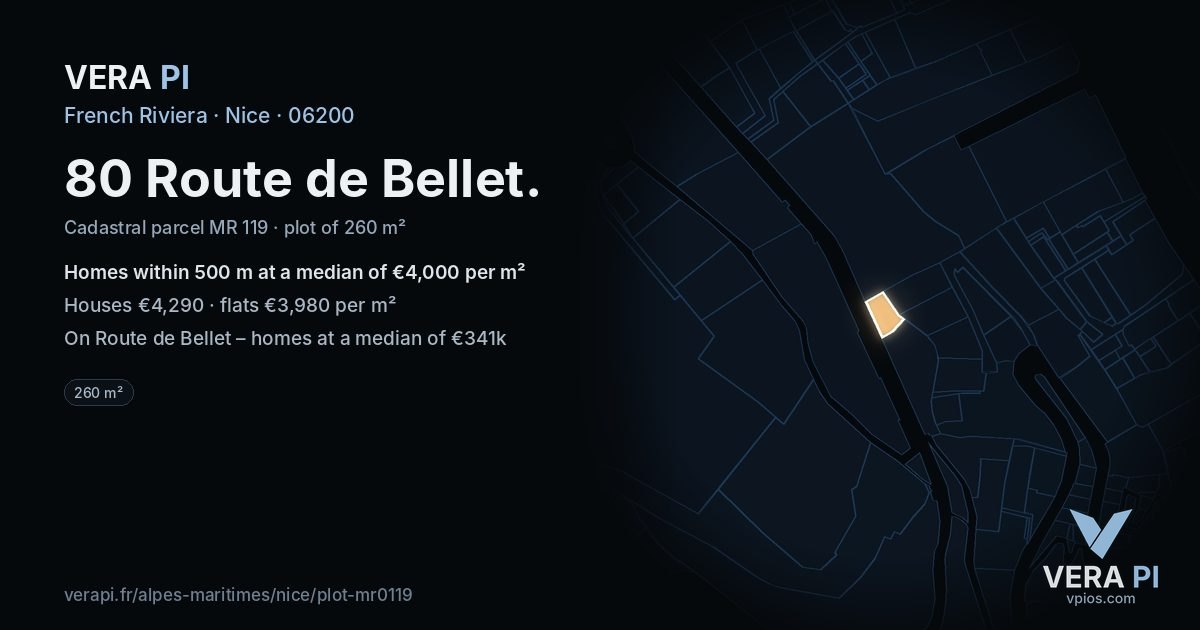 80 Route de Bellet, Nice at night – the plot lit, the parcels around coloured by the prices near them