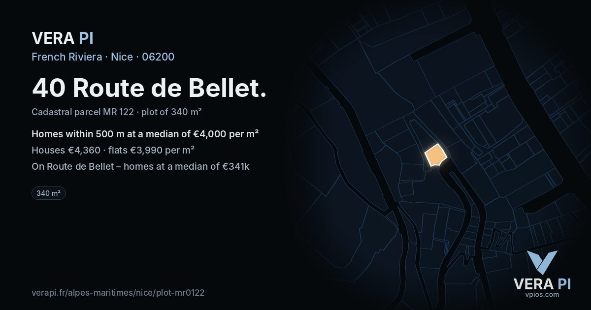 40 Route de Bellet, Nice at night – the plot lit, the parcels around coloured by the prices near them