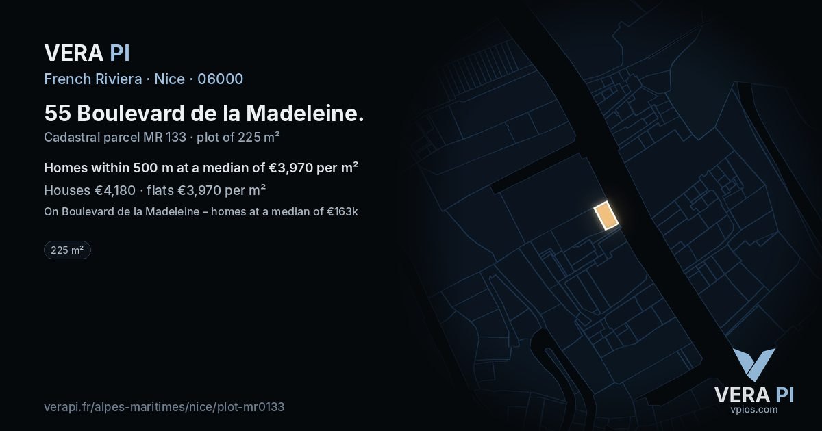 55 Boulevard de la Madeleine, Nice at night – the plot lit, the parcels around coloured by the prices near them