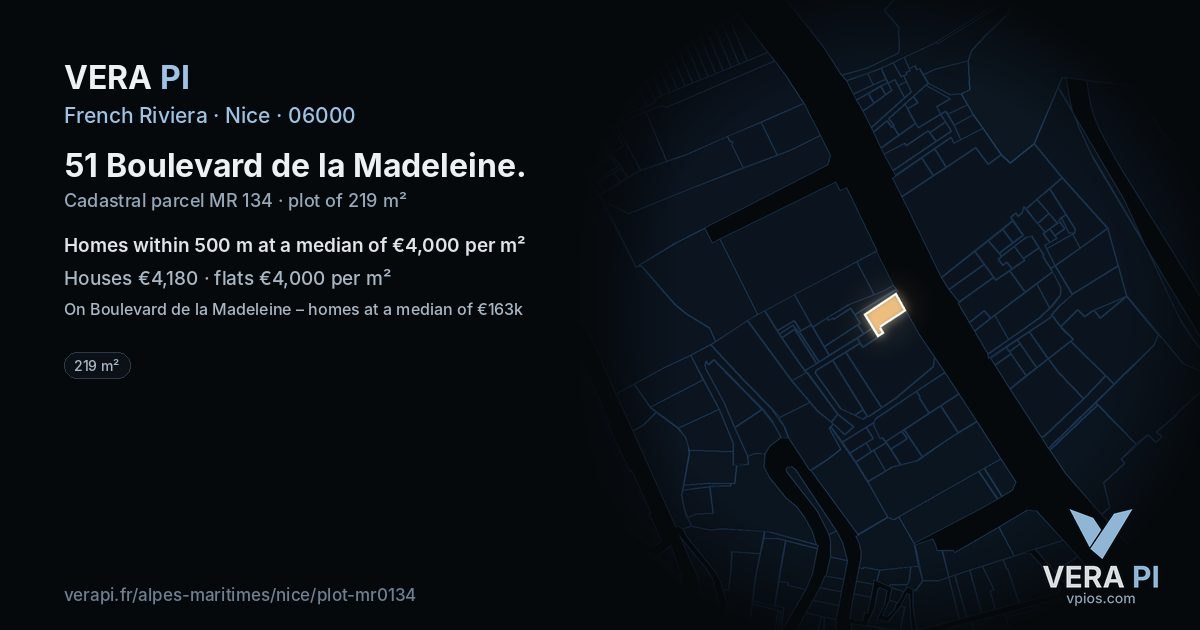 51 Boulevard de la Madeleine, Nice at night – the plot lit, the parcels around coloured by the prices near them