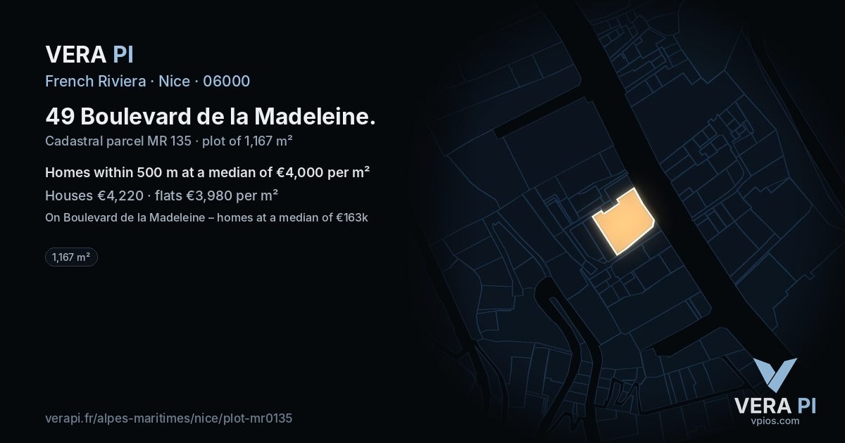 49 Boulevard de la Madeleine, Nice at night – the plot lit, the parcels around coloured by the prices near them