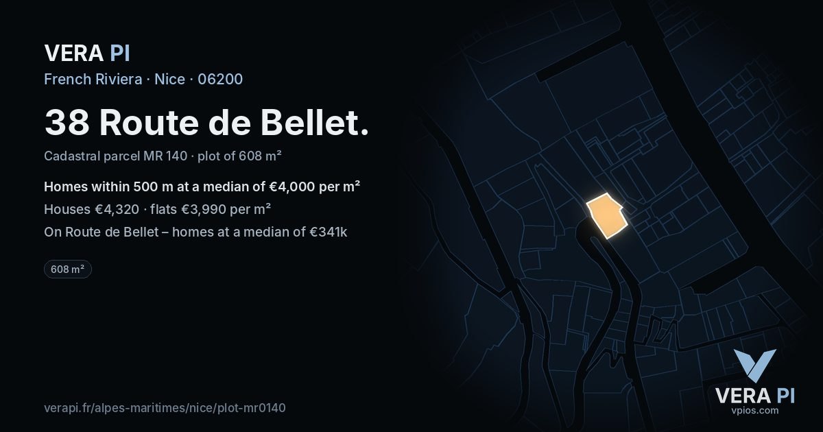 38 Route de Bellet, Nice at night – the plot lit, the parcels around coloured by the prices near them